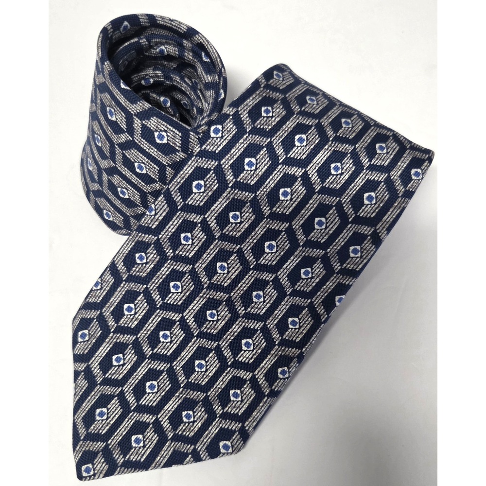Countess Mara Necktie Blue/Gray/Ivory Geometric 100% Silk Tile Elongated Hex - Picture 4 of 12